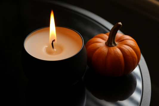 Essence Glow pumpkin spice candle, crafted with soy wax and natural ingredients, offering a cosy, seasonal aroma for a comforting ambience by Ivory Wild.