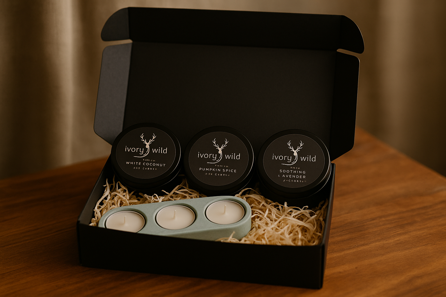 Set of three candles in a black box with 'ivory & wild' branding on a wooden surface.