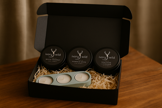 Set of three candles in a black box with 'ivory & wild' branding on a wooden surface.