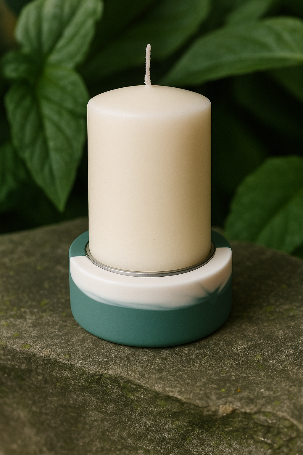 Emerald pillar candle holder made from eco resin with a soy wax pillar candle.