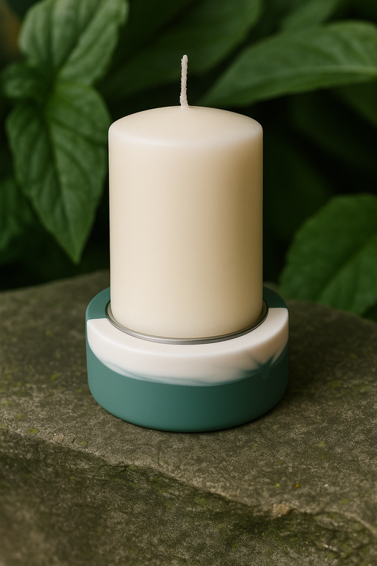 Emerald pillar candle holder made from eco resin with a soy wax pillar candle.
