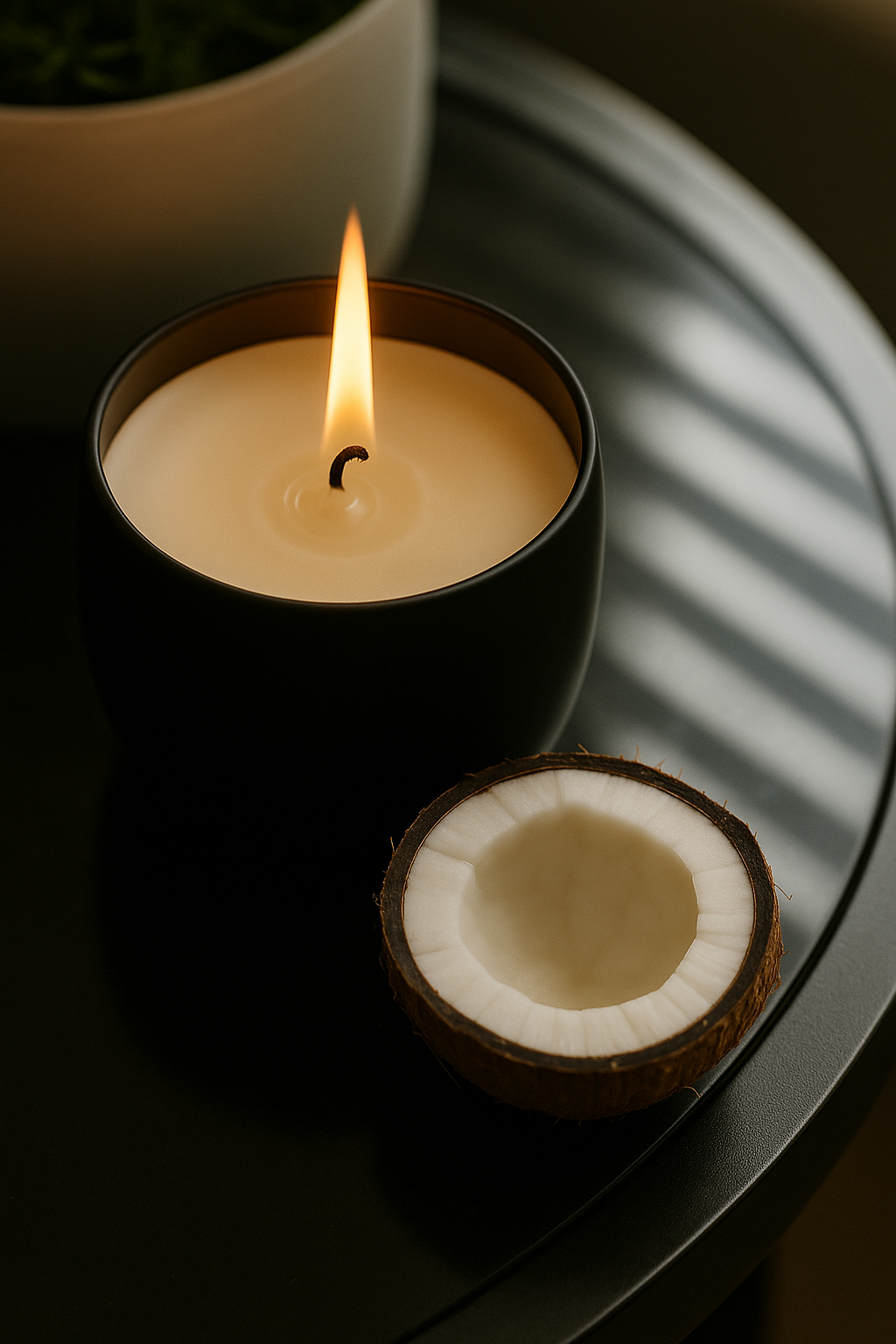 Essence Glow coconut candle, made with natural soy wax and infused with tropical notes, creating a warm and soothing atmosphere by Ivory Wild.