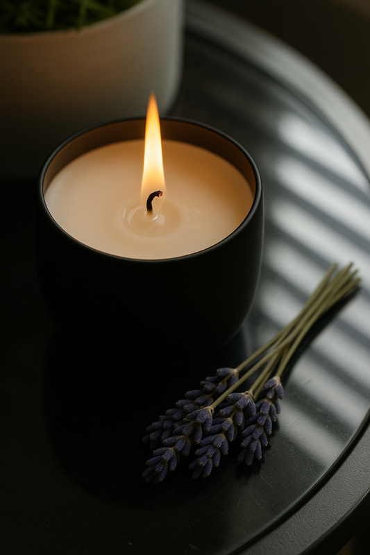 Essence Glow lavender candle, handcrafted with soy wax and infused with natural ingredients, designed for a calming and relaxing burn by Ivory Wild.