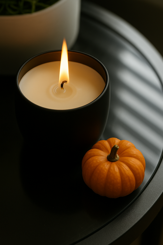 Essence Glow pumpkin spice candle, crafted with soy wax and natural ingredients, offering a cosy, seasonal aroma for a comforting ambience by Ivory Wild.