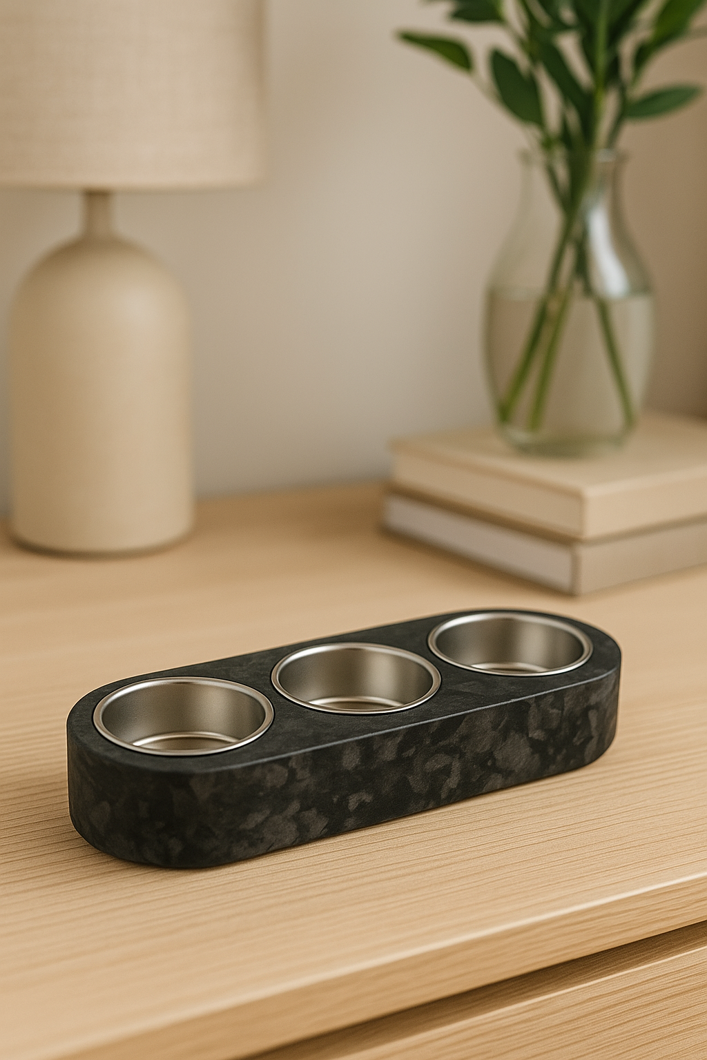 Black and silver cylindrical holder on a wooden surface with a lamp and vase in the background