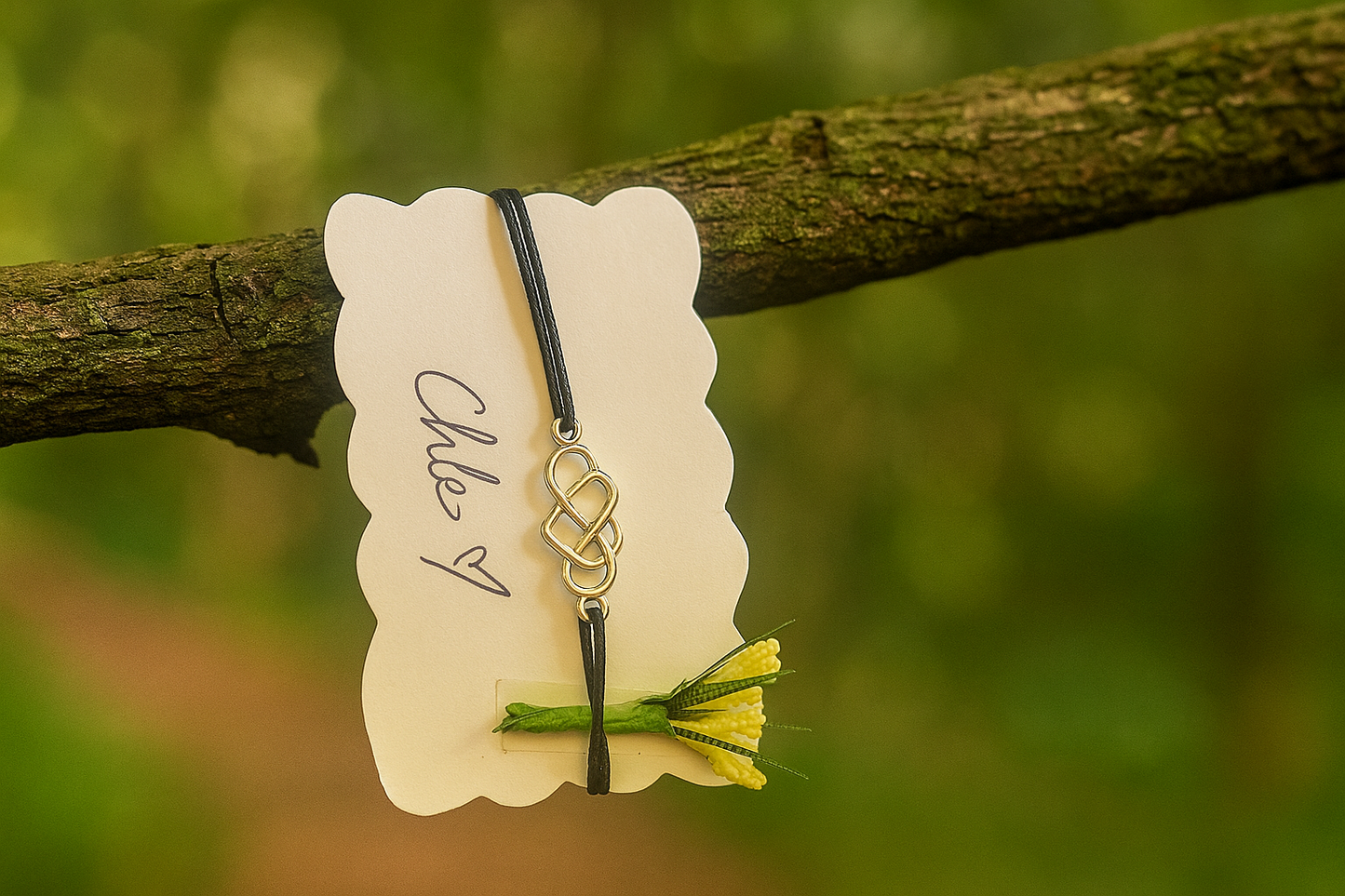 Necklace with a floral pendant on a white card, hanging from a branch with a blurred green background made from natural hemp