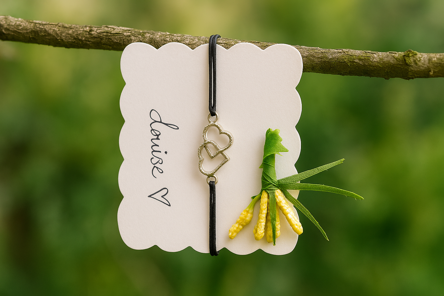 Card with hemp bracelet and flowers hanging on a branch