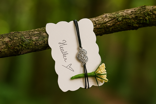 Bracelet with decorative clasp on a card, attached to a branch with a blurred green background made from natural hemp
