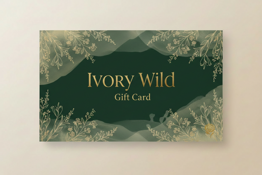 Gift card with 'Ivory Wild' branding and floral design on a beige background